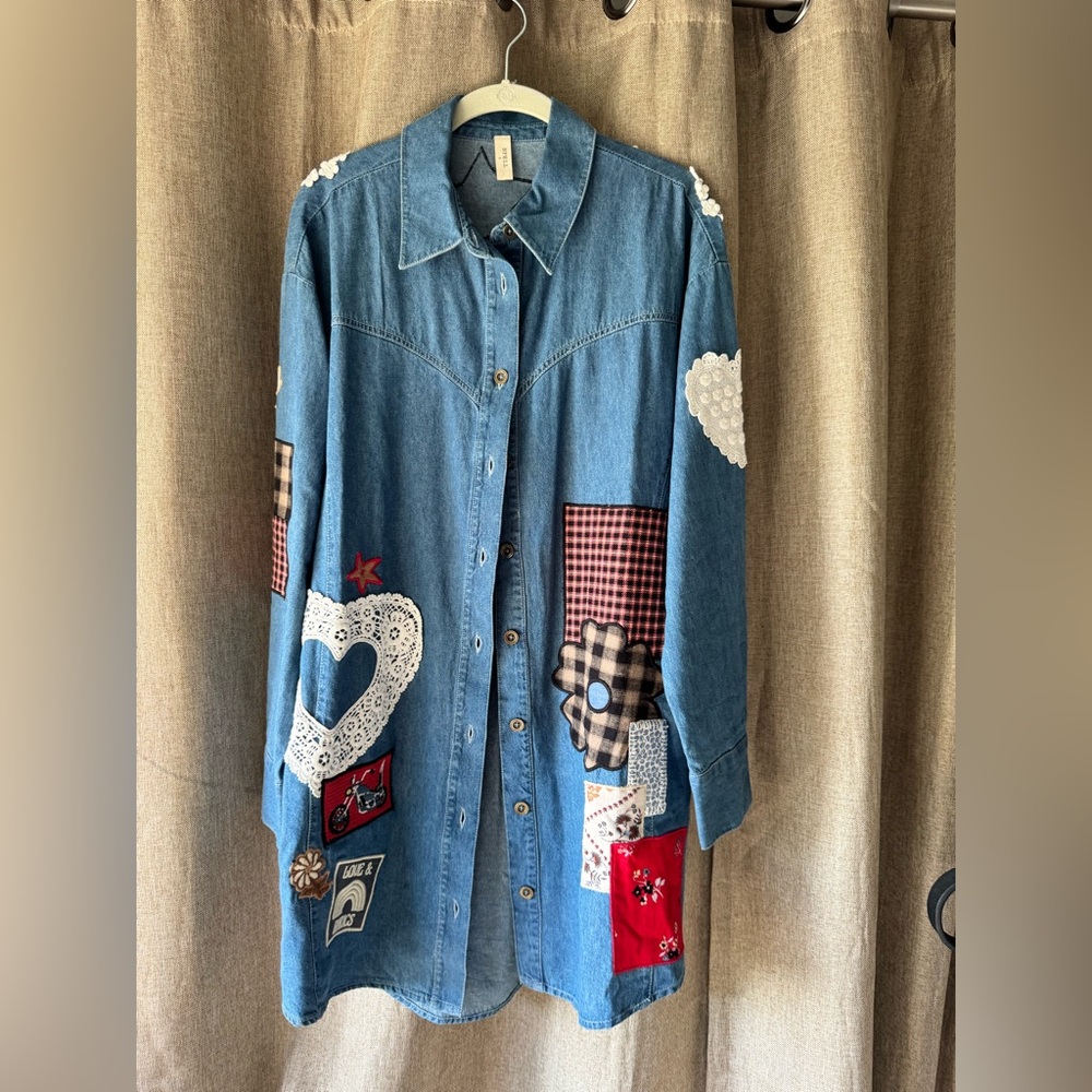 Spell Bombshell Patchwork Denim Shirt with Heart … - image 4